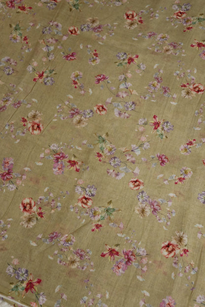Beige Floral Printed Pure Lenin Fabric