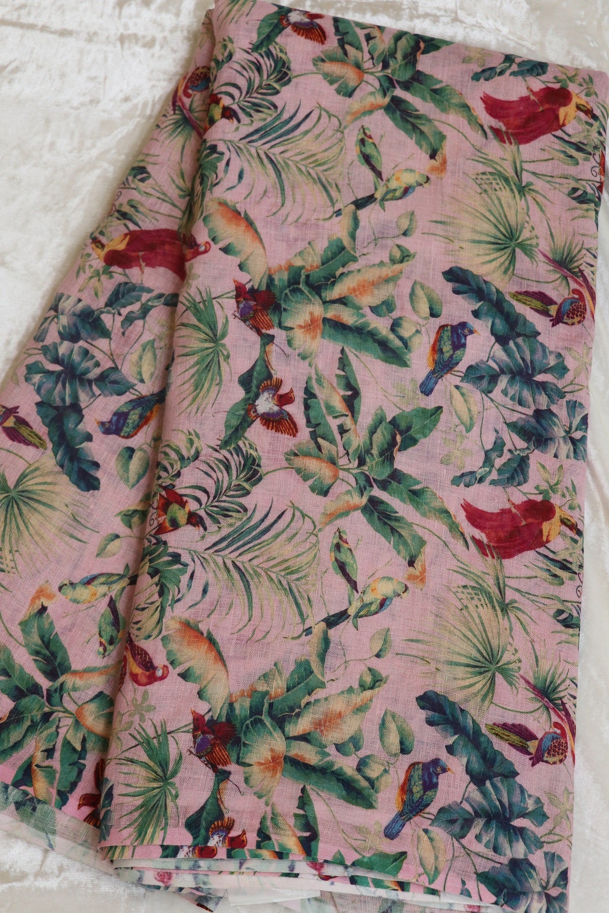 Blush Pink Jungle Theme Printed Pure Lenin Fabric