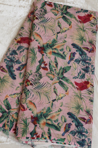 Blush Pink Jungle Theme Printed Pure Lenin Fabric