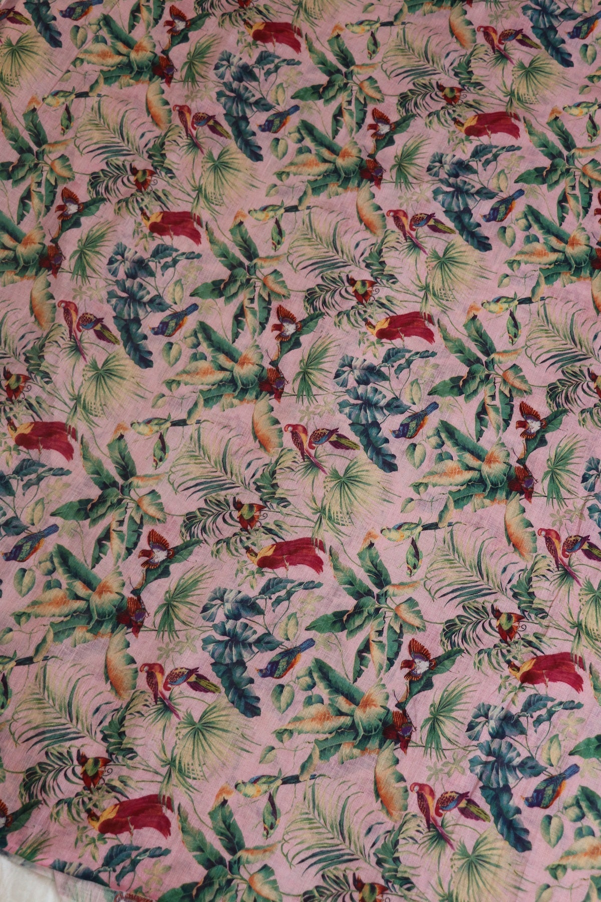 Blush Pink Jungle Theme Printed Pure Lenin Fabric