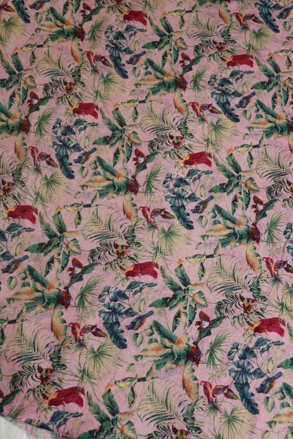 Blush Pink Jungle Theme Printed Pure Lenin Fabric