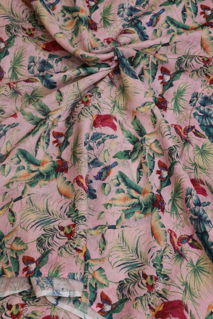 Blush Pink Jungle Theme Printed Pure Lenin Fabric