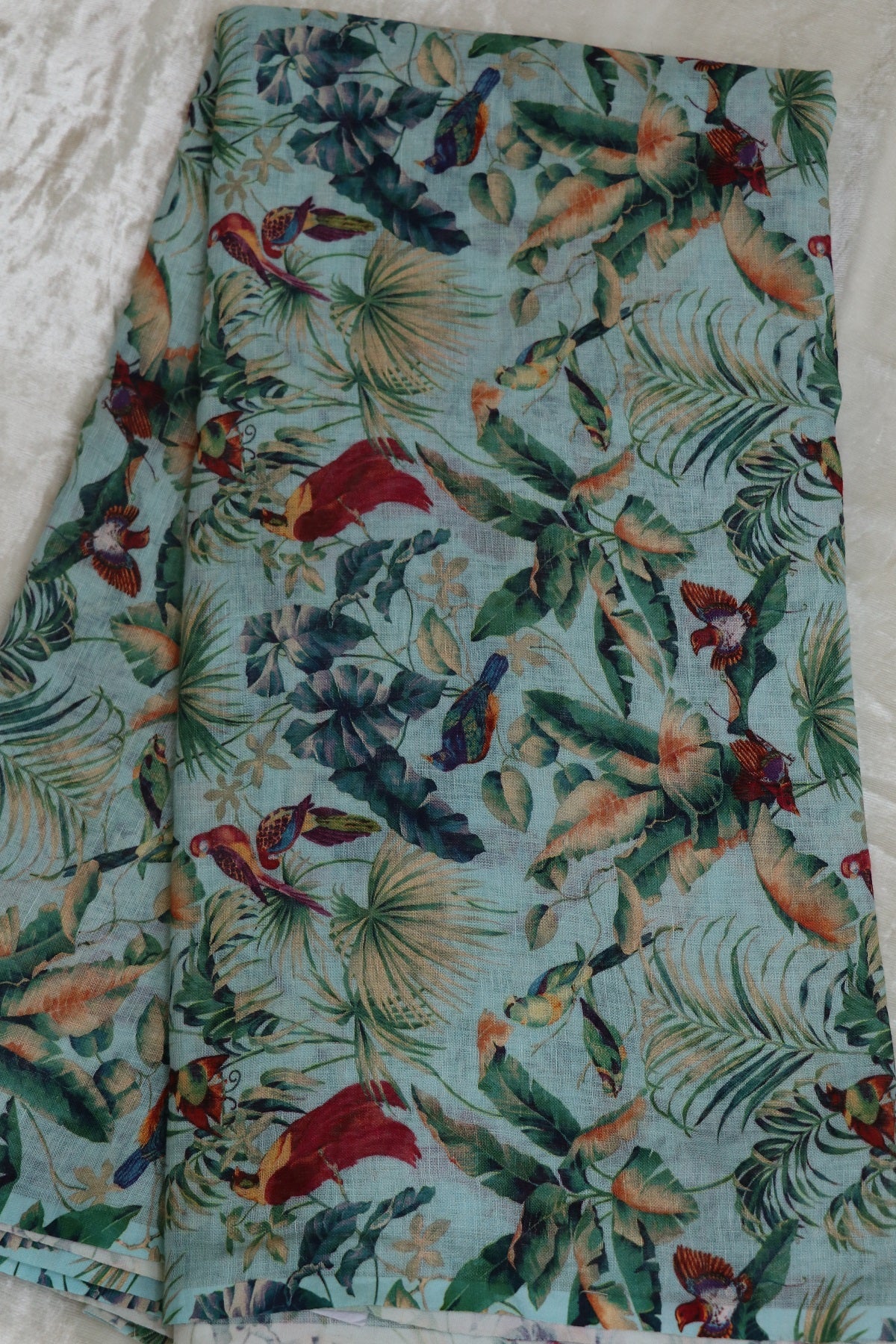 Sky Blue Jungle Theme Printed Pure Lenin Fabric