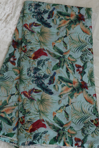 Sky Blue Jungle Theme Printed Pure Lenin Fabric