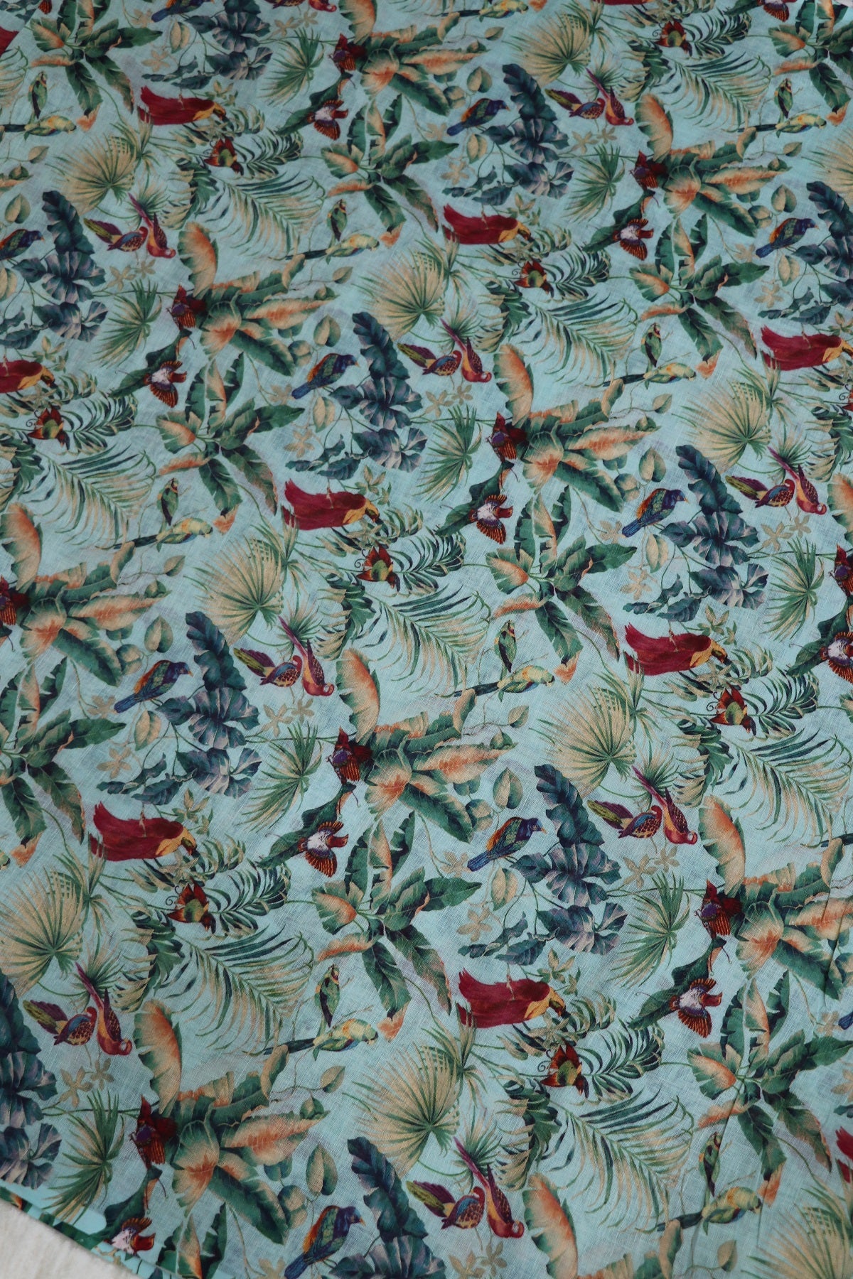 Sky Blue Jungle Theme Printed Pure Lenin Fabric