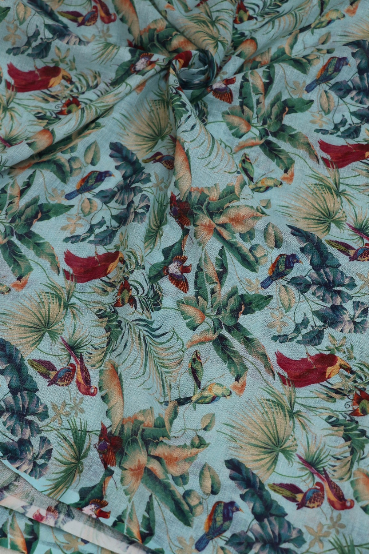 Sky Blue Jungle Theme Printed Pure Lenin Fabric