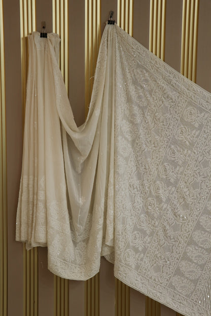 Pure Georgette Chikankari Roses & Mango Embellished With Cutbeads & Pearls Dyeable Saree