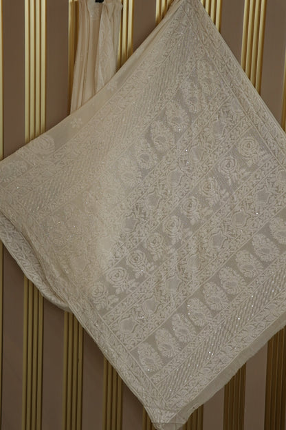 Pure Georgette Chikankari Roses & Mango Embellished With Cutbeads & Pearls Dyeable Saree