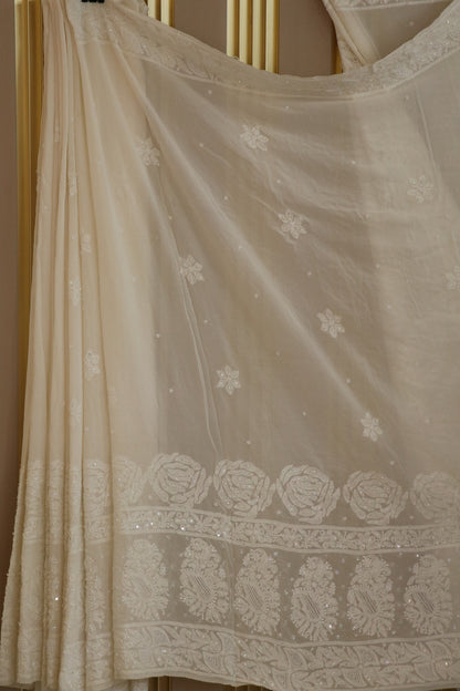 Pure Georgette Chikankari Roses & Mango Embellished With Cutbeads & Pearls Dyeable Saree