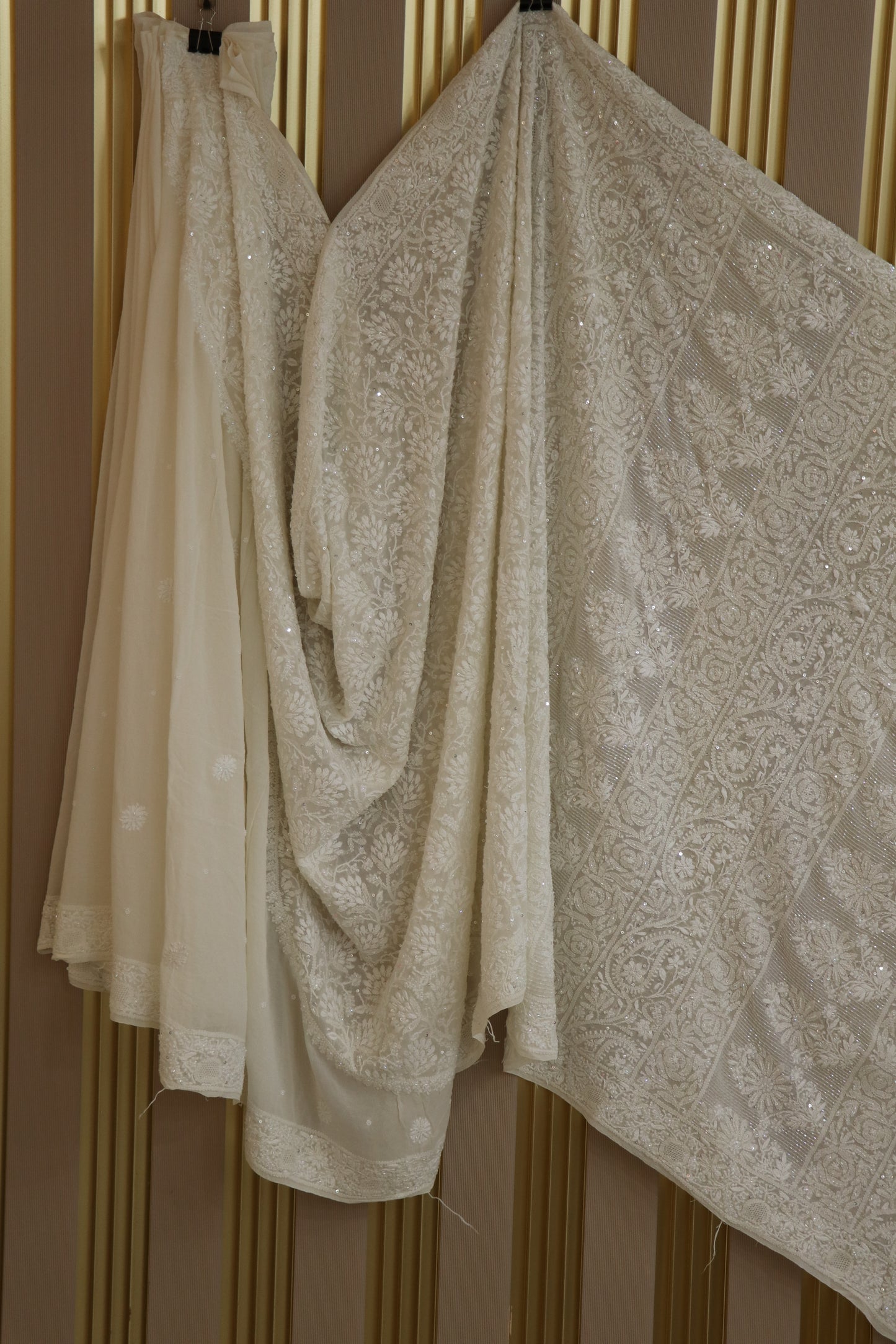 Pure Georgette Chikankari Half Cross Pallu Allover Worked & Embellished With Cutbeads & Pearls Dyeable Saree