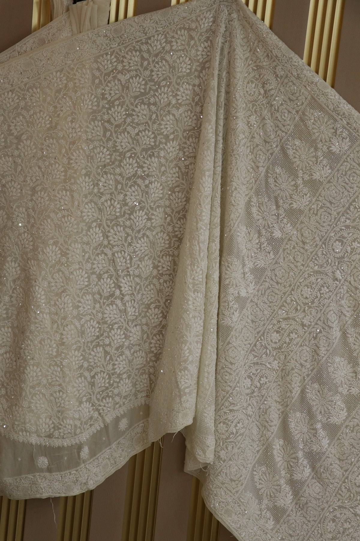 Pure Georgette Chikankari Half Cross Pallu Allover Worked & Embellished With Cutbeads & Pearls Dyeable Saree