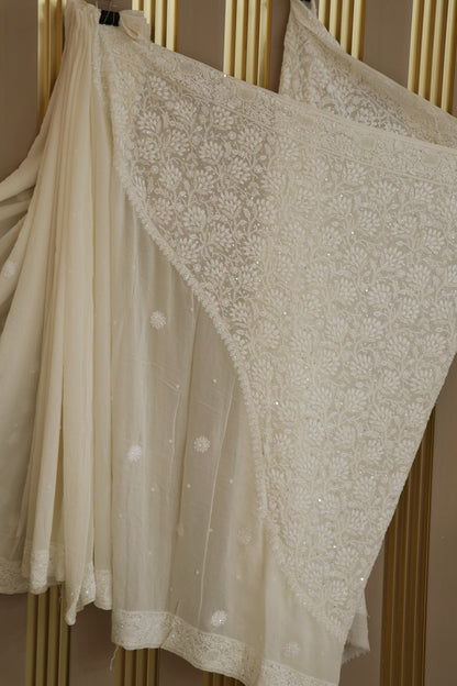 Pure Georgette Chikankari Half Cross Pallu Allover Worked & Embellished With Cutbeads & Pearls Dyeable Saree