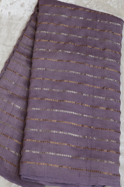 Pure Moonga Tussar Silver & Gold Zari Triangle Lines  woven Fabric