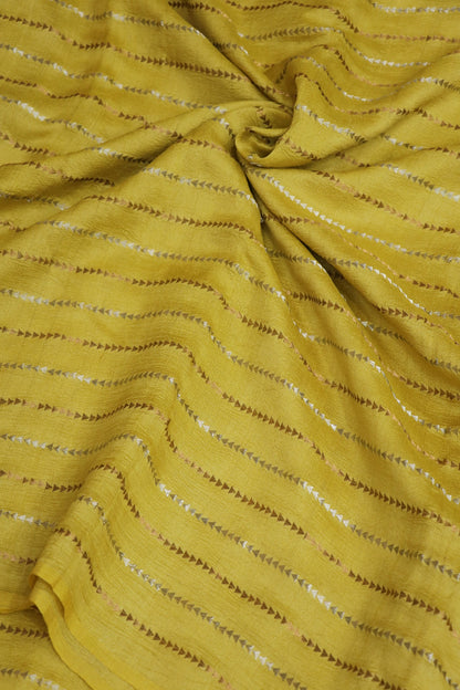 Pure Moonga Tussar Silver & Gold Zari Triangle Lines  woven Fabric