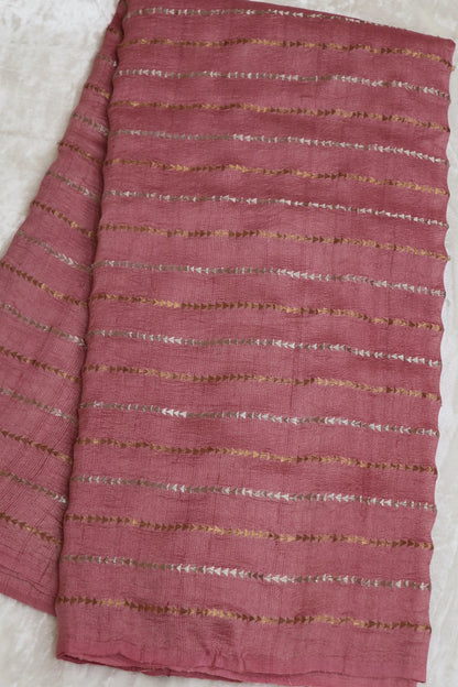 Pure Moonga Tussar Silver & Gold Zari Triangle Lines  woven Fabric