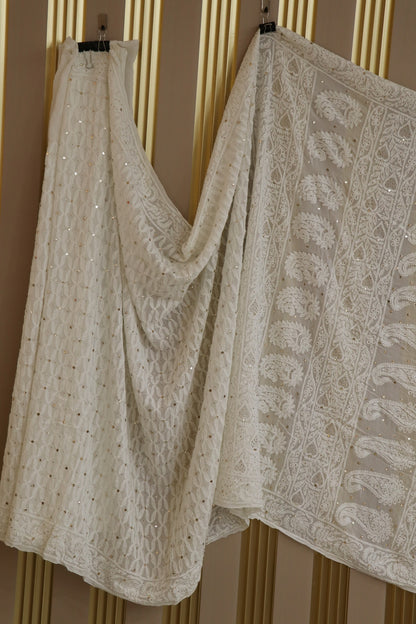 Pure Georgette Chikankari Bakhiya Geometric Pattern With Mukaish Work Dyeable Saree