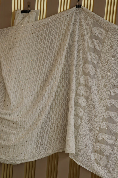 Pure Georgette Chikankari Bakhiya Geometric Pattern With Mukaish Work Dyeable Saree