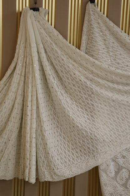 Pure Georgette Chikankari Bakhiya Geometric Pattern With Mukaish Work Dyeable Saree