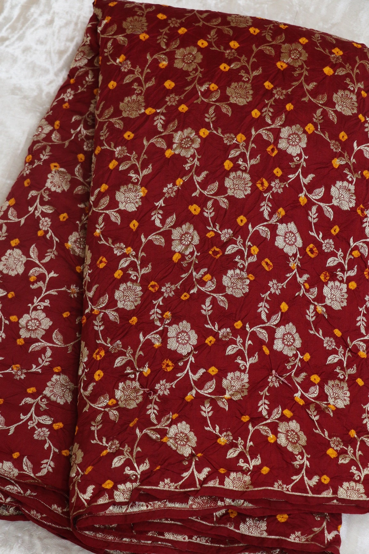 Pure Chiniya Silk Gold Zari Jaal Woven Bandhani Fabric