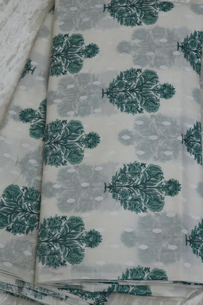 White With Sea Green Color Mughal Printed Motif Jaipur Cotton Self Jacquard Fabric
