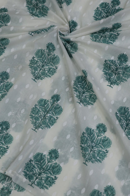 White With Sea Green Color Mughal Printed Motif Jaipur Cotton Self Jacquard Fabric