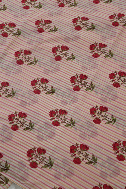 Off White Stripes Jaipur Cotton Fabric With Red Floral Bunches