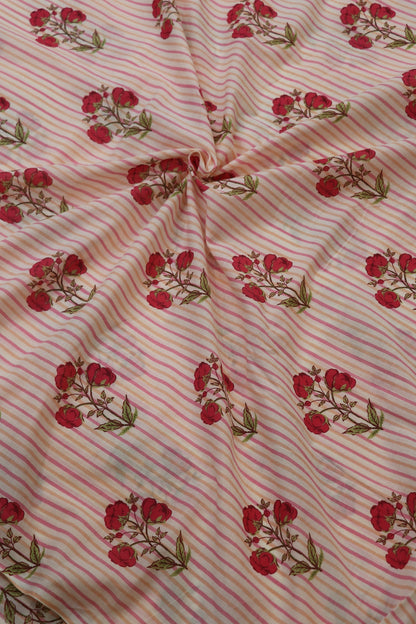 Off White Stripes Jaipur Cotton Fabric With Red Floral Bunches