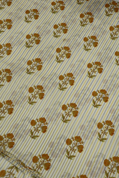 Off White Stripes Jaipur Cotton Fabric With Yellow Floral Bunches