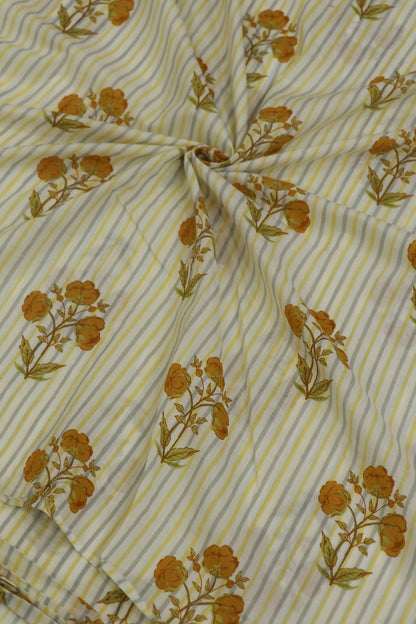 Off White Stripes Jaipur Cotton Fabric With Yellow Floral Bunches