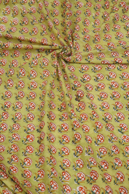 Lemonade Green With Orange & Yellow Floral Printed Jaipur Cotton Fabric