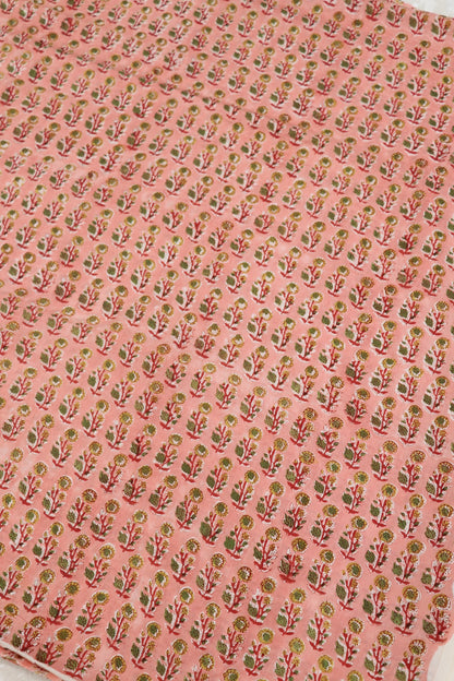 Soft Peach With Red, Green & Yellow Floral Printed Jaipur Cotton Fabric