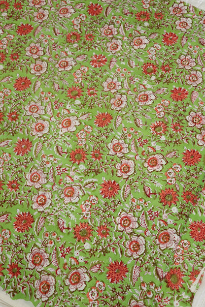 Leaf Green With Red & White Floral Printed Jaipur Cotton Fabric