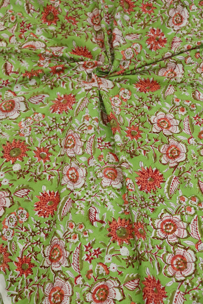Leaf Green With Red & White Floral Printed Jaipur Cotton Fabric