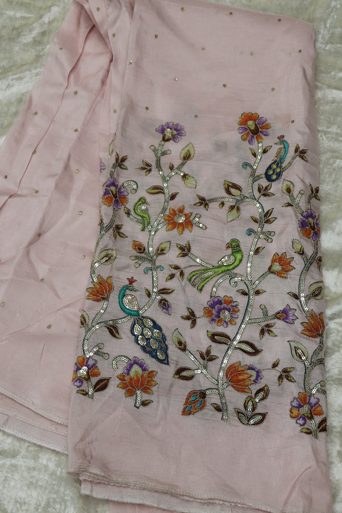 Russian Silk Kalamkari Printed Fabric Embellished With Sequins & Zari