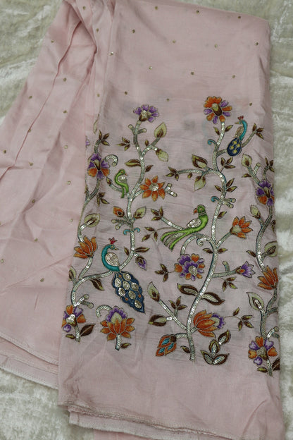 Russian Silk Kalamkari Printed Fabric Embellished With Sequins & Zari