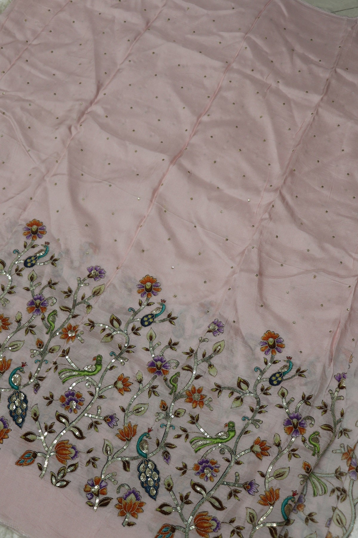 Russian Silk Kalamkari Printed Fabric Embellished With Sequins & Zari