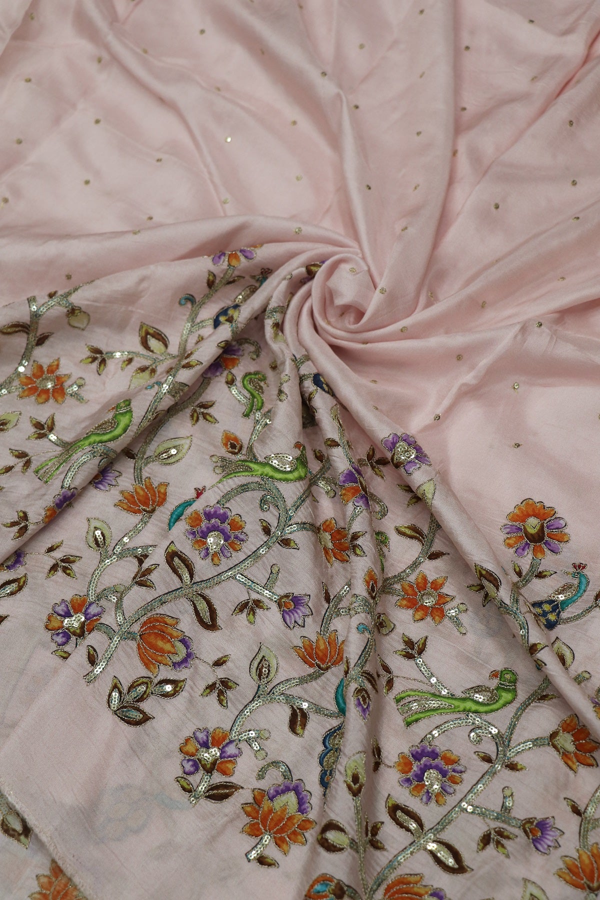 Russian Silk Kalamkari Printed Fabric Embellished With Sequins & Zari