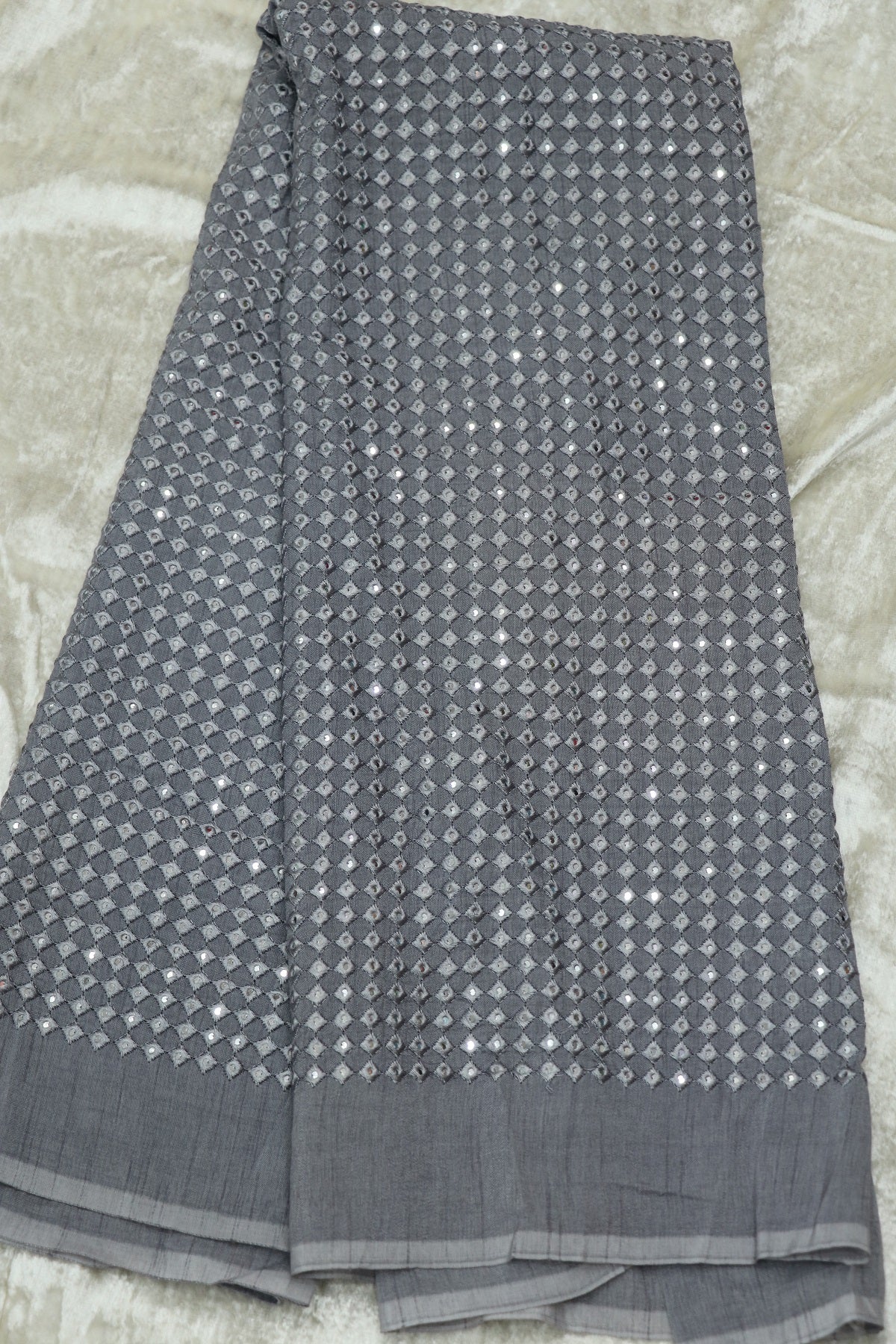 Flat RawSilk Diamond Shape Mirror Embroidered Fabric