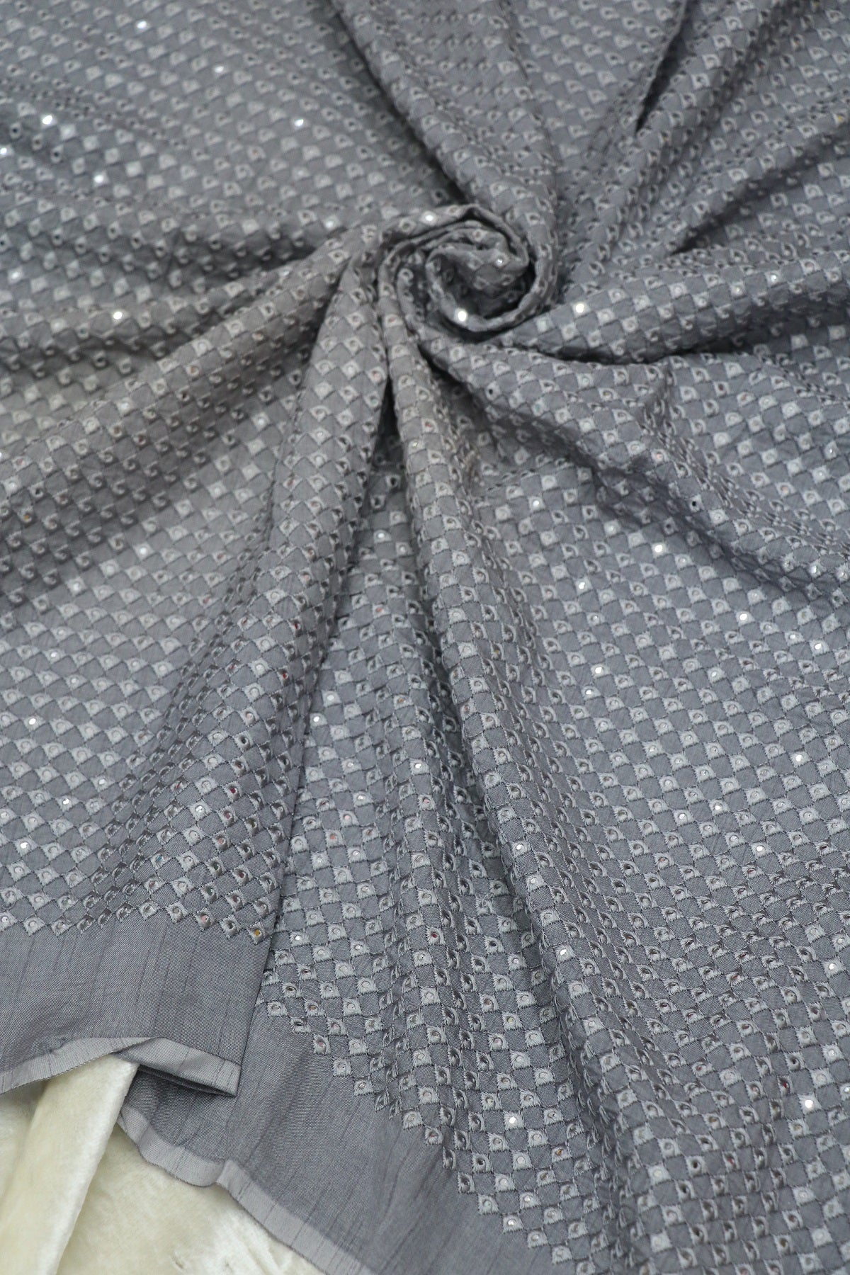 Flat RawSilk Diamond Shape Mirror Embroidered Fabric