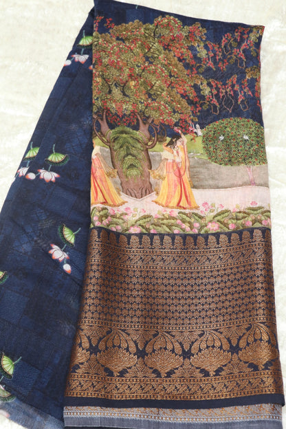 Pure Staple Silk Brindhavan Theme Print With Antiq Kanchi Woven Border