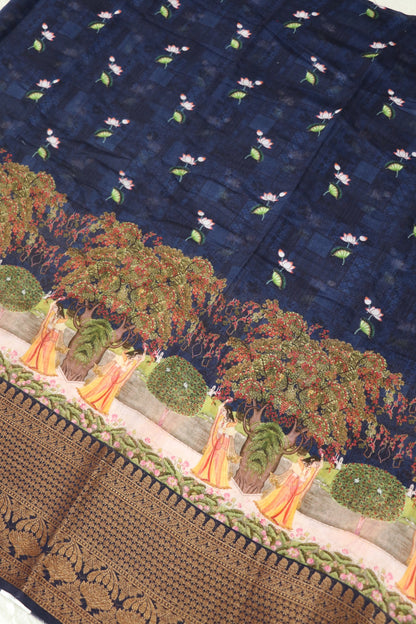 Pure Staple Silk Brindhavan Theme Print With Antiq Kanchi Woven Border