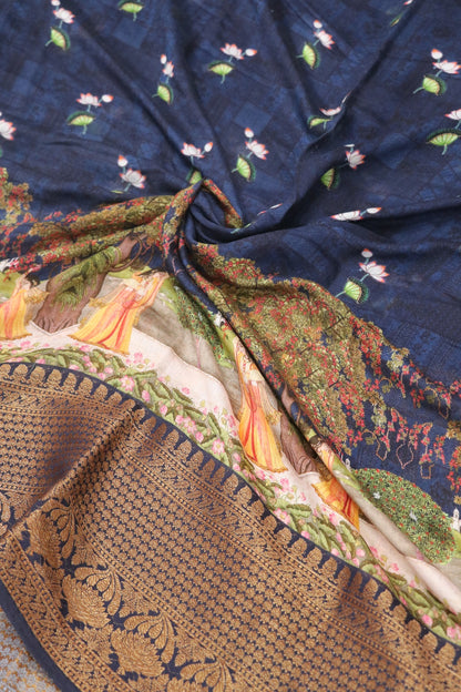 Pure Staple Silk Brindhavan Theme Print With Antiq Kanchi Woven Border