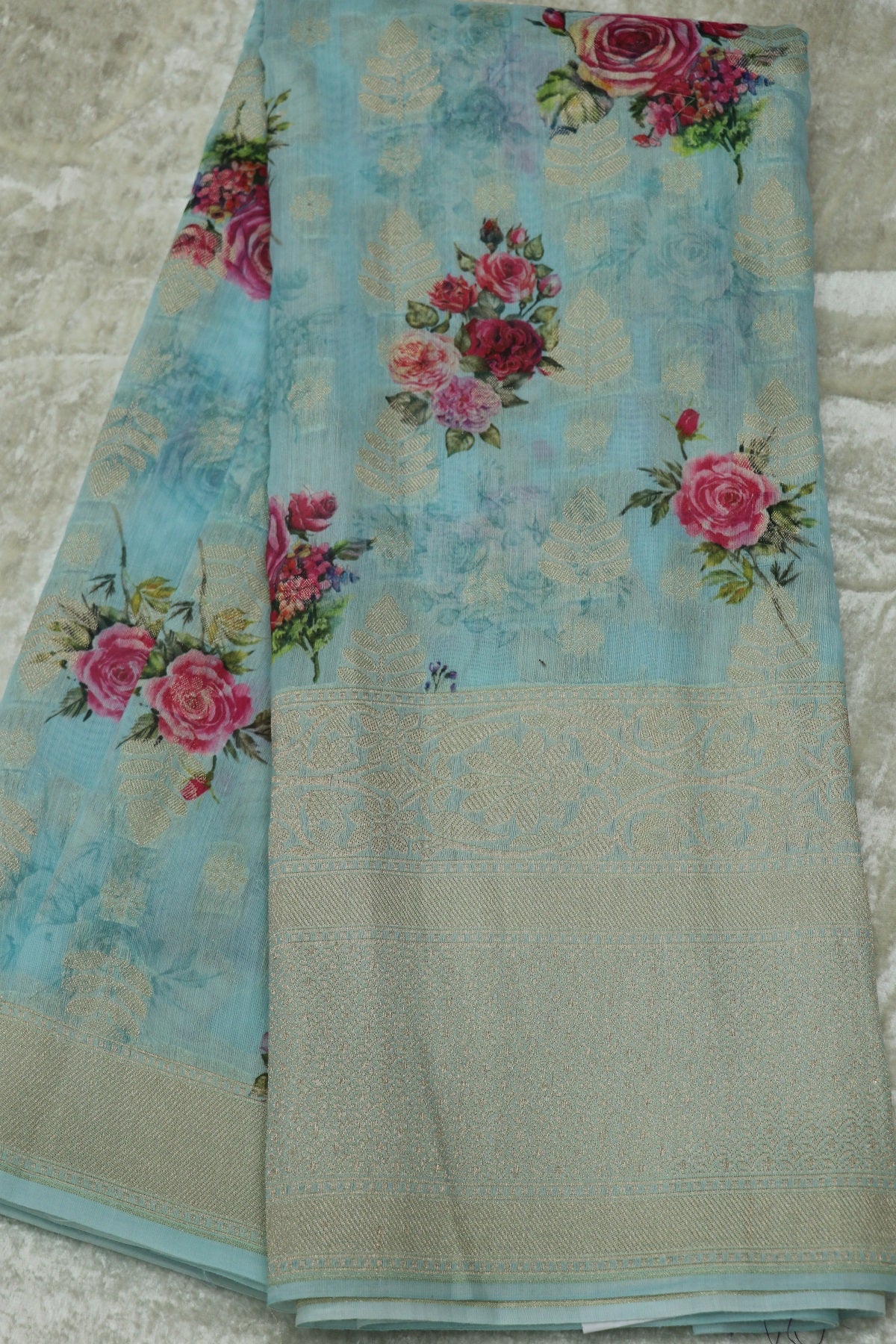 Banaras Chanderi Floral Printed With Gold Zari Border & Woven Butties