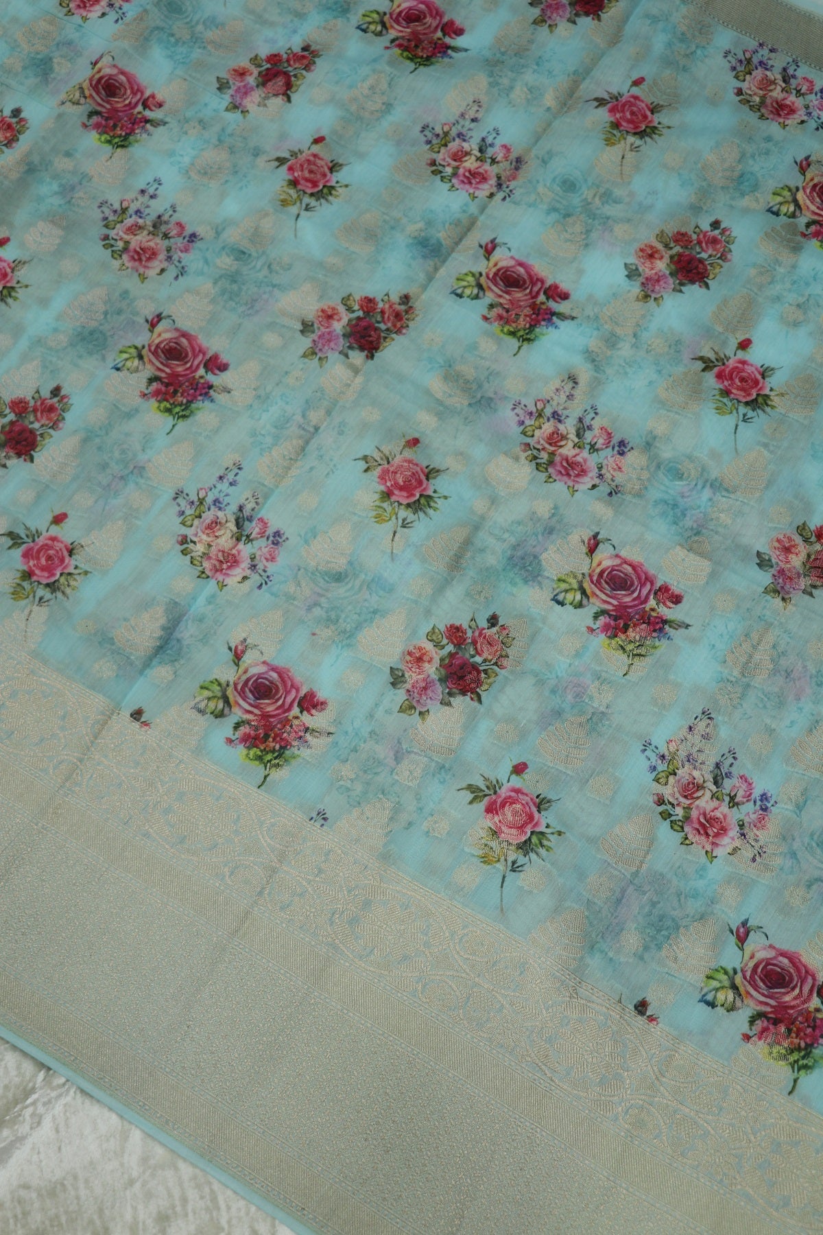 Banaras Chanderi Floral Printed With Gold Zari Border & Woven Butties