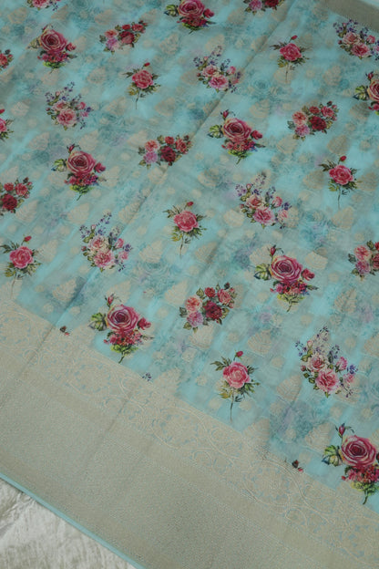 Banaras Chanderi Floral Printed With Gold Zari Border & Woven Butties