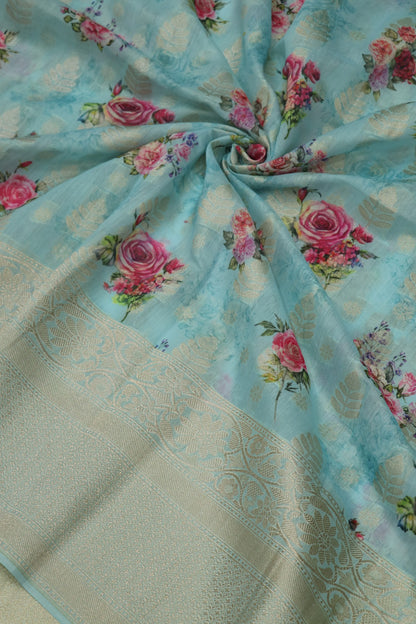Banaras Chanderi Floral Printed With Gold Zari Border & Woven Butties