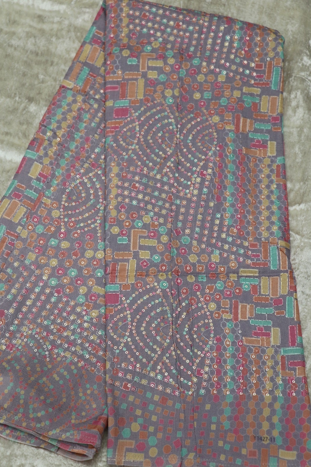 Light Mauve Geometric Multi Printed Russian Silk Fabric Highlighted With Sequins