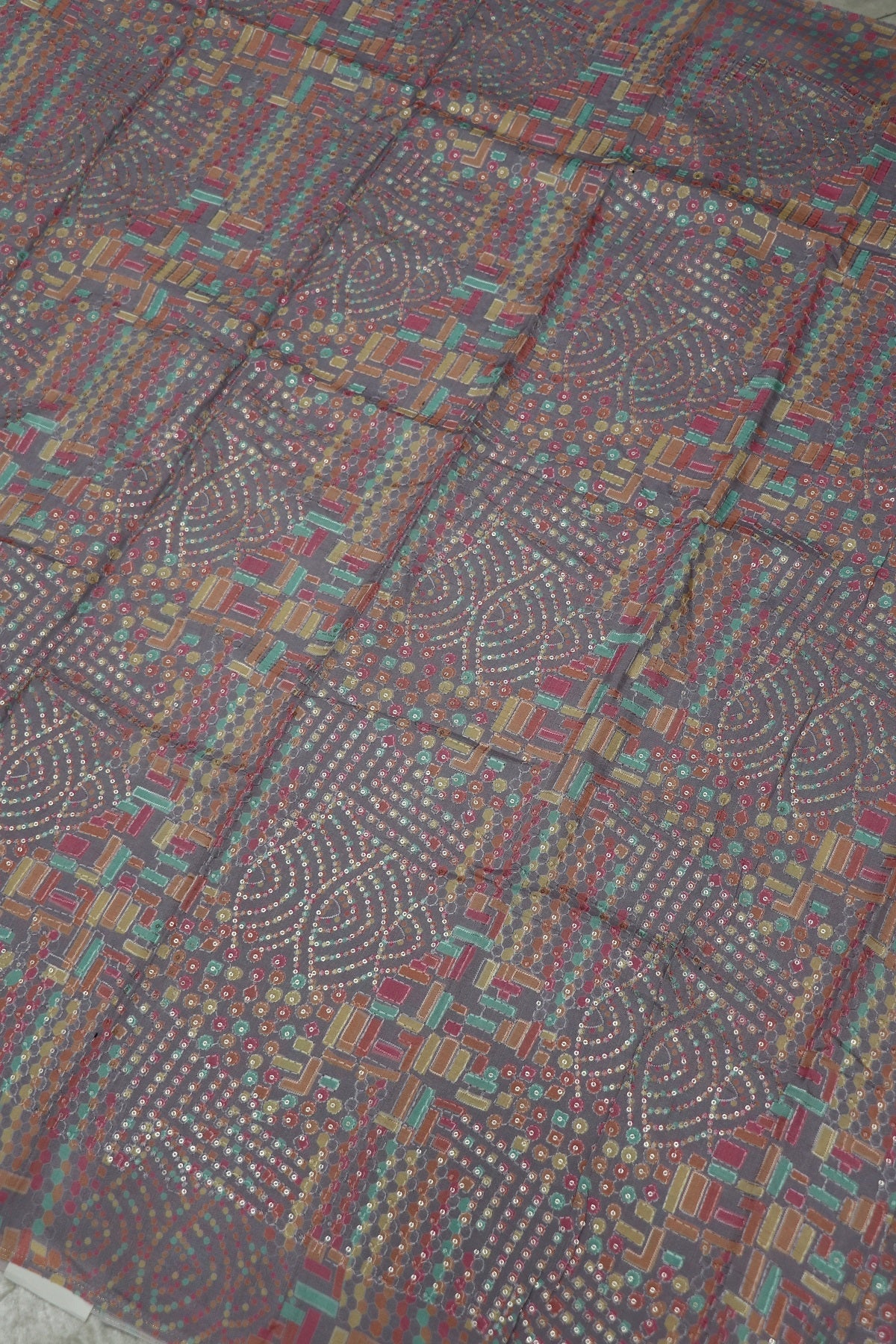 Light Mauve Geometric Multi Printed Russian Silk Fabric Highlighted With Sequins