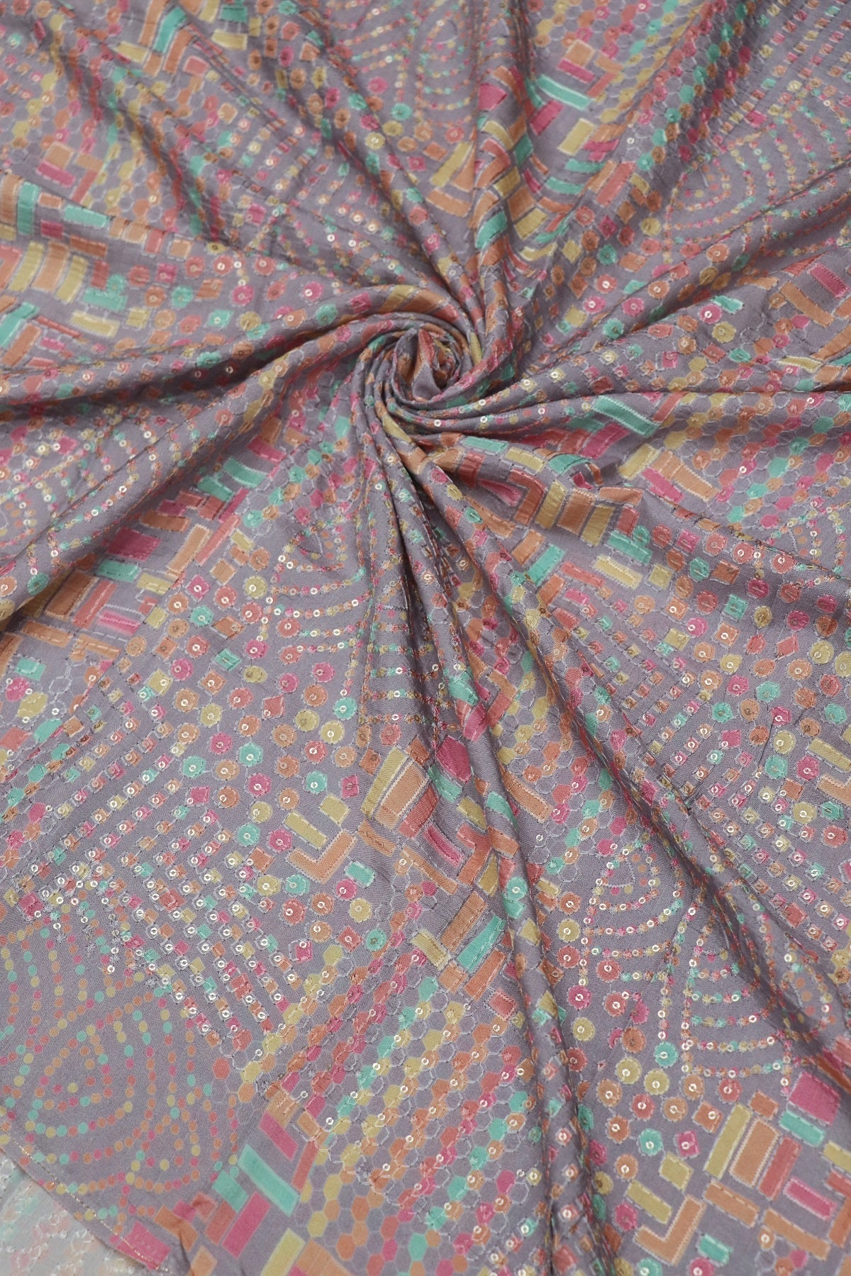 Light Mauve Geometric Multi Printed Russian Silk Fabric Highlighted With Sequins