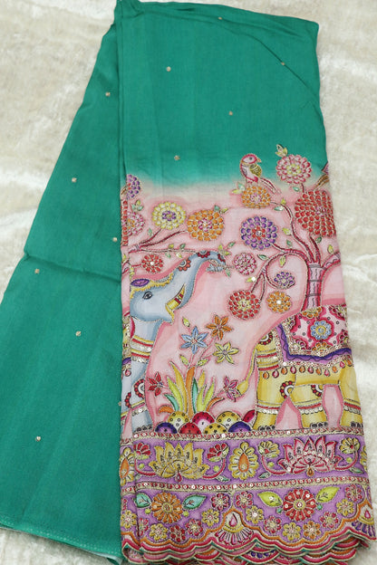Dola Silk Kalamkari Elephant Printed Fabric Of Scalloped Border Highlited With Zari & Sequins